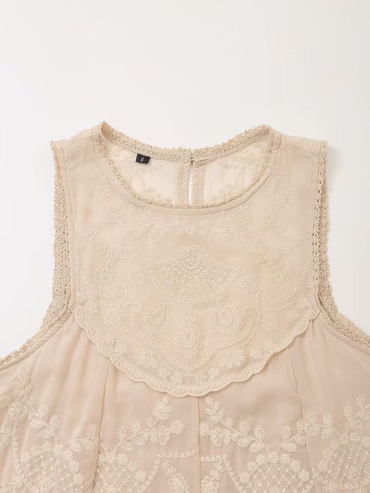 Contrast Embroidered Sleeveless Mini Dress