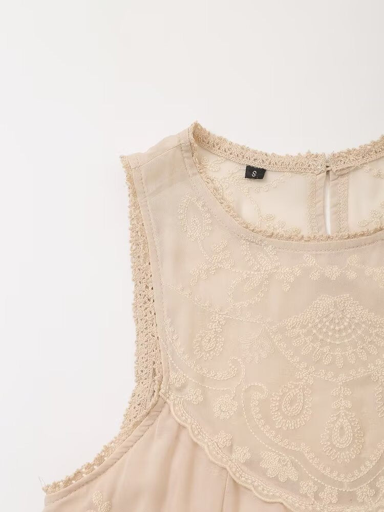Contrast Embroidered Sleeveless Mini Dress