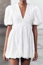 Embroidered V-Neck Puff-Sleeve Mini Dress
