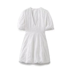 Embroidered V-Neck Puff-Sleeve Mini Dress