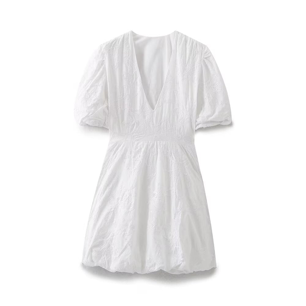 Embroidered V-Neck Puff-Sleeve Mini Dress