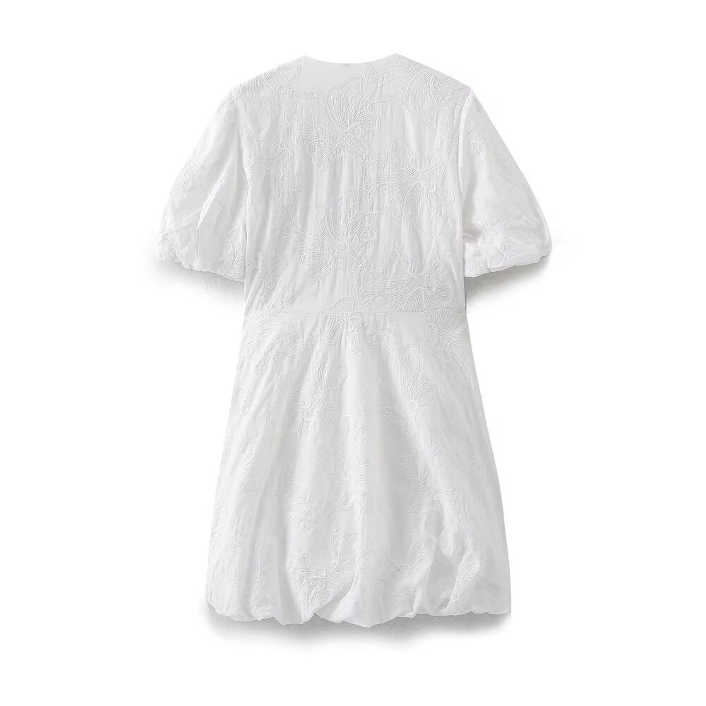 Embroidered V-Neck Puff-Sleeve Mini Dress