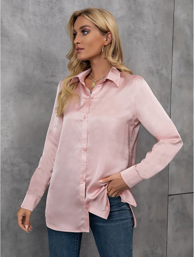 Women's Elegant Satin Long Sleeved Shirt Spring Summer Solid Color Loose Shirt Long Sleeved Satin Top
