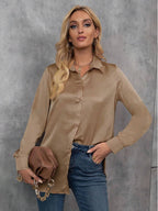 Women's Elegant Satin Long Sleeved Shirt Spring Summer Solid Color Loose Shirt Long Sleeved Satin Top