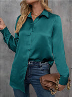 Women's Elegant Satin Long Sleeved Shirt Spring Summer Solid Color Loose Shirt Long Sleeved Satin Top