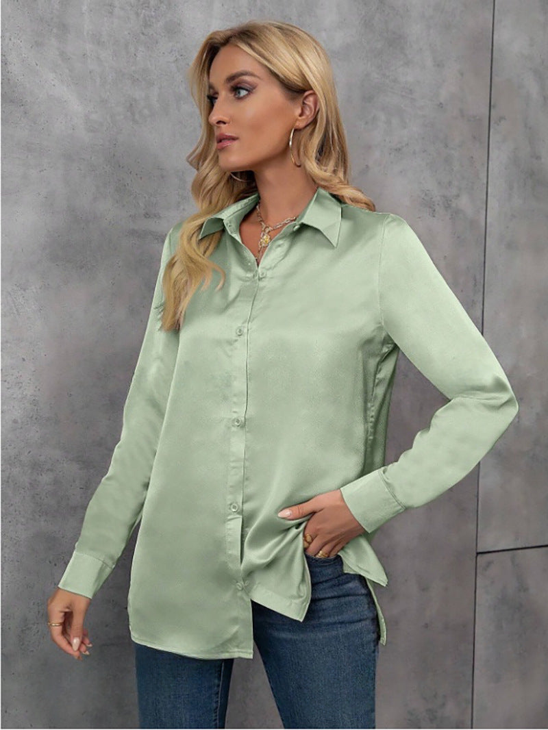 Women's Elegant Satin Long Sleeved Shirt Spring Summer Solid Color Loose Shirt Long Sleeved Satin Top