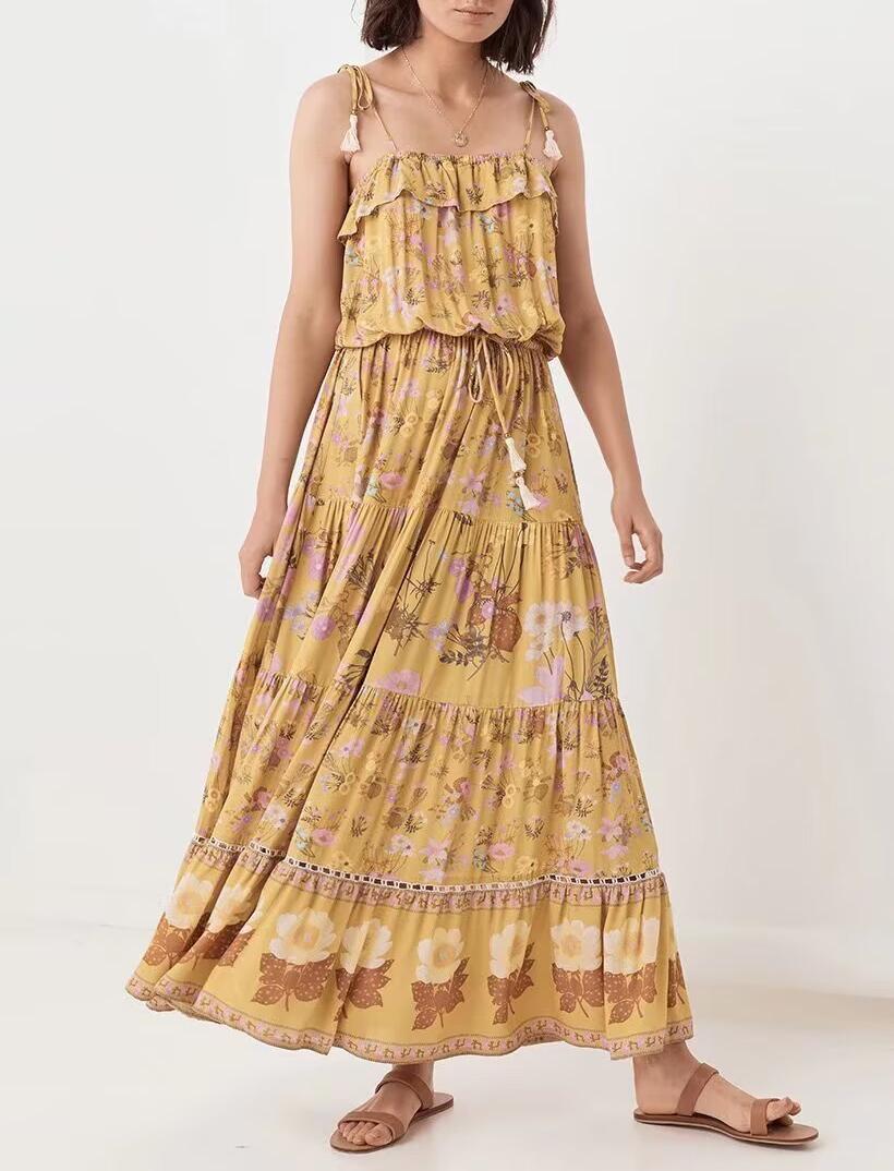 Summer Waist Controlled Rayon Printed Tassel Holiday Cami Dress