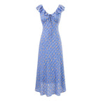 Women's V-Neck Floral Ruffle Ruched Tie Flutter-Sleeve A-Line Midi Dress