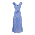 Women's V-Neck Floral Ruffle Ruched Tie Flutter-Sleeve A-Line Midi Dress
