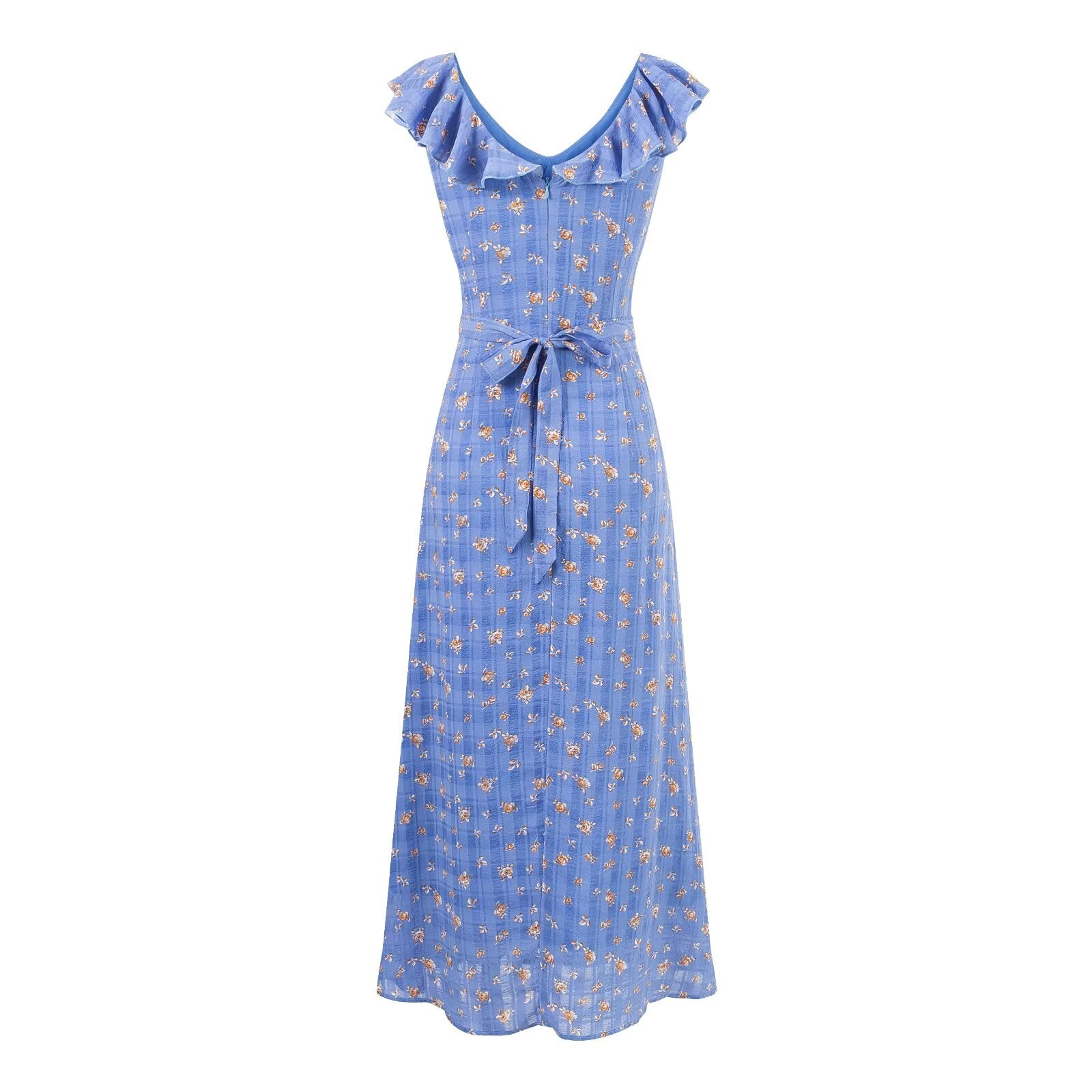 Women's V-Neck Floral Ruffle Ruched Tie Flutter-Sleeve A-Line Midi Dress