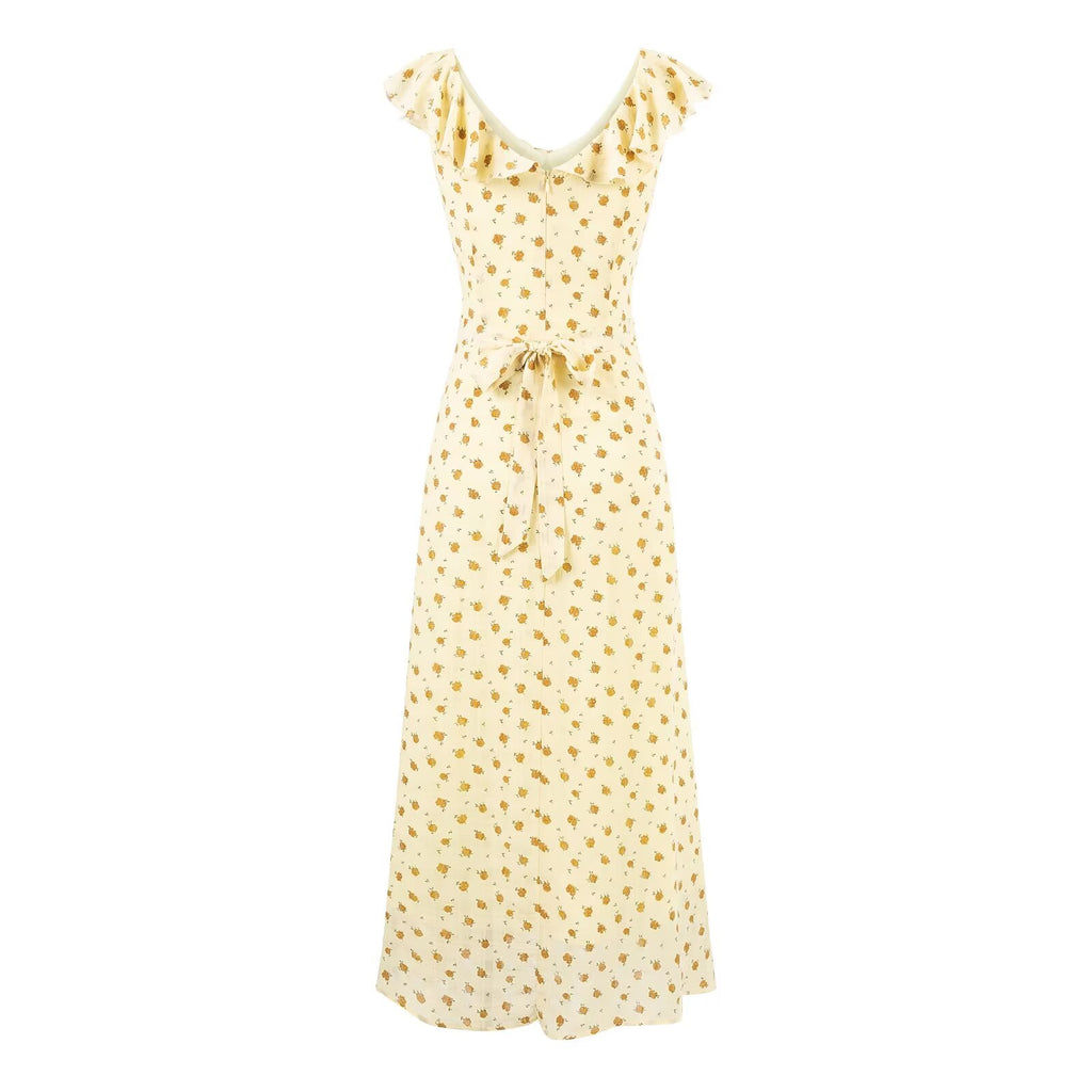 Women's V-Neck Floral Ruffle Ruched Tie Flutter-Sleeve A-Line Midi Dress