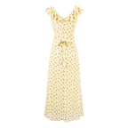 Women's V-Neck Floral Ruffle Ruched Tie Flutter-Sleeve A-Line Midi Dress
