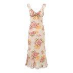 Women's V-Neck Floral Tie Ruffle Ruched Sleeveless Bodycon Midi Dress
