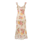 Women's V-Neck Floral Tie Ruffle Ruched Sleeveless Bodycon Midi Dress