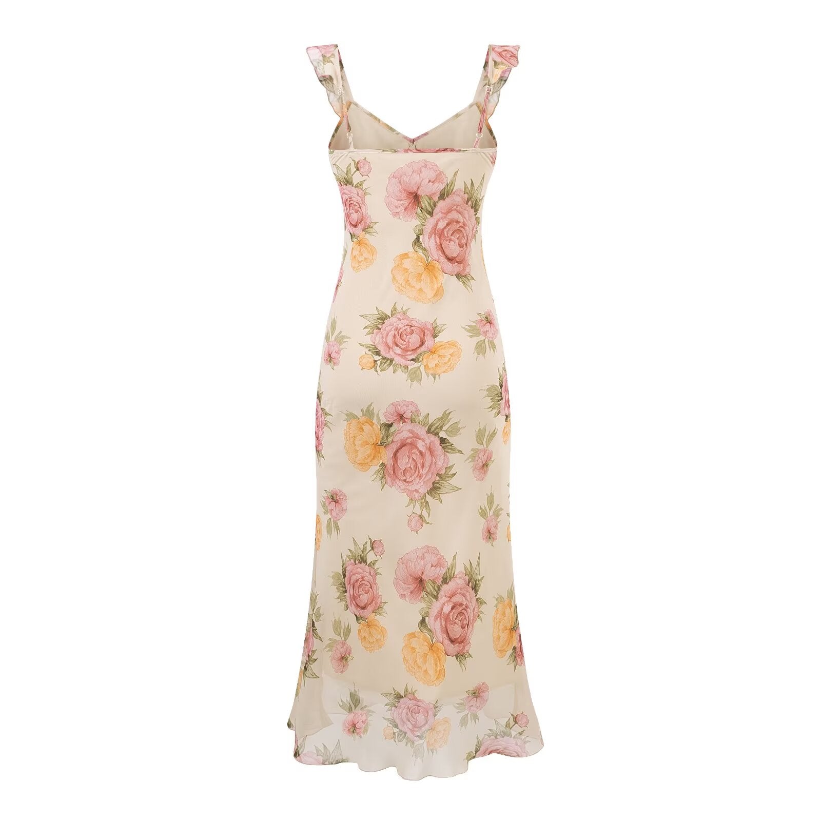 Women's V-Neck Floral Tie Ruffle Ruched Sleeveless Bodycon Midi Dress