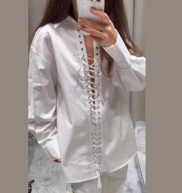 Women's Personality Bandage Decorative Collared Long Sleeve Shirt