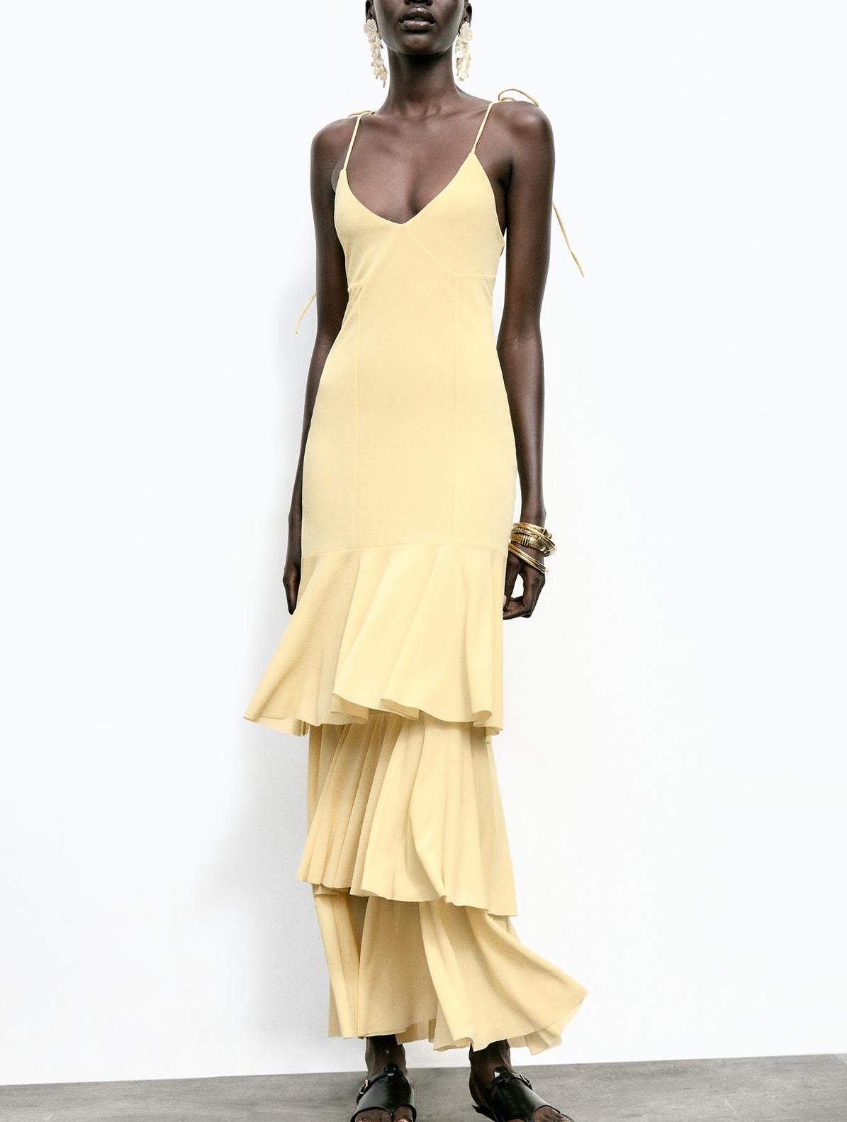 Women's Yellow V-Neck Backless Ruffle Maxi Dress
