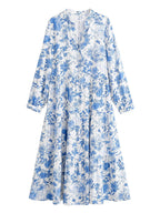 Loose Rayon Printed Belt Puff Sleeve Bohemian Long-Sleeve Dress