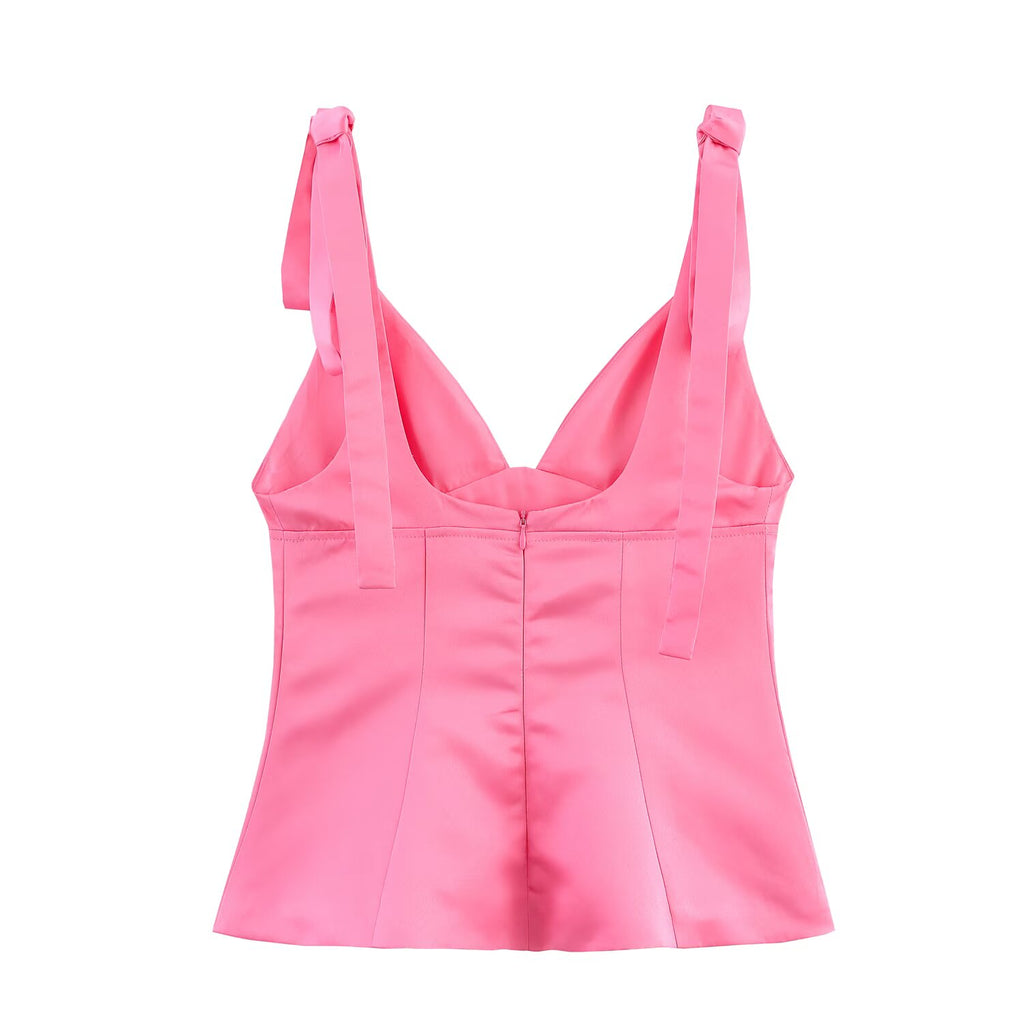 's Pullover V Neck Bowknot Decoration Silk Satin Textured Top