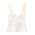 's Pullover V Neck Bowknot Decoration Silk Satin Textured Top