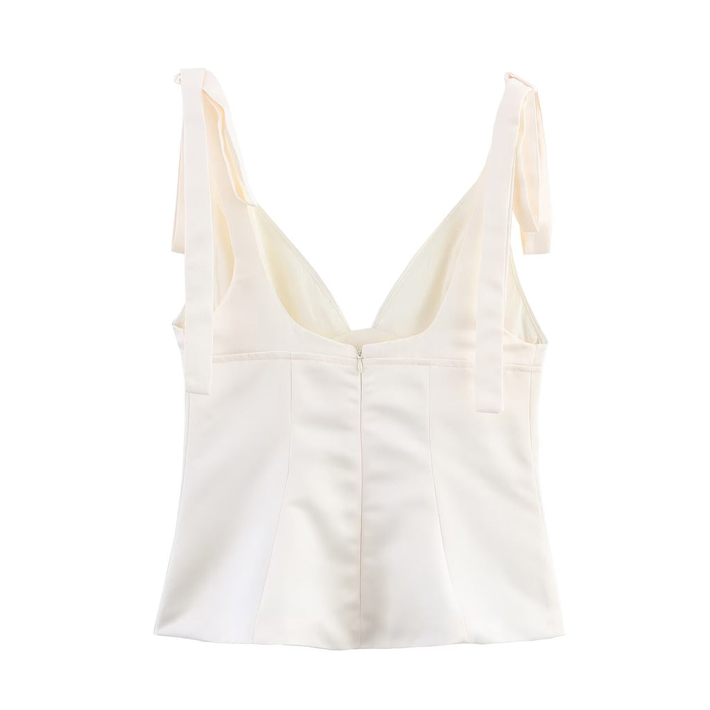 's Pullover V Neck Bowknot Decoration Silk Satin Textured Top