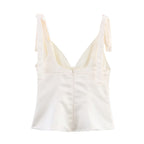 's Pullover V Neck Bowknot Decoration Silk Satin Textured Top