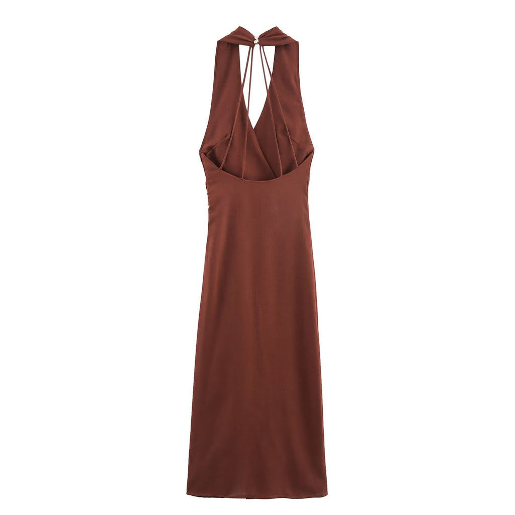 Women Linen Blended Gold Inlaid Midi Dress