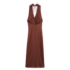 Women Linen Blended Gold Inlaid Midi Dress