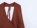 Women Linen Blended Gold Inlaid Midi Dress