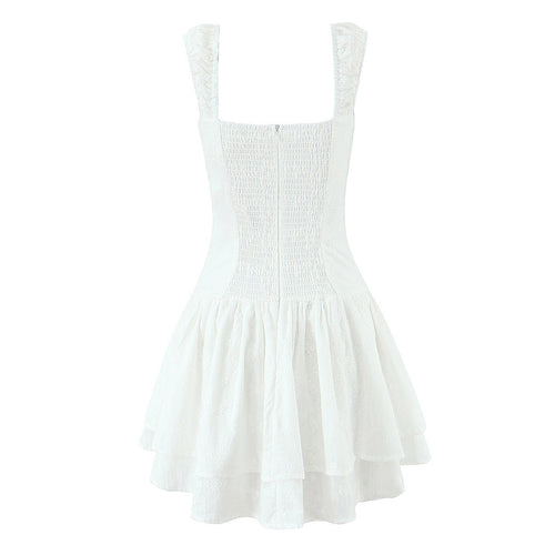 Summer Slim White Dress French Sexy Pleated Lace Embroidered Layered Square Collar Lace up Waist Controlled Sling Dress