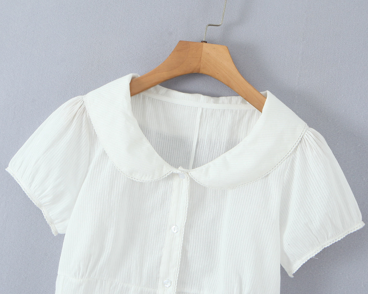 Women's French Sweet White Doll Collar Shirt Short Sleeve Women Puff Sleeve Top Design White Top