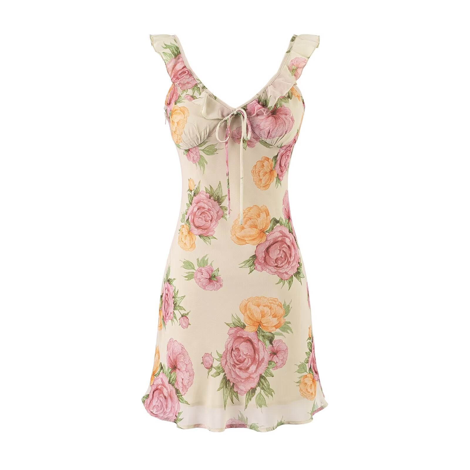 Women's Sweet Printed Chic Ruffled Spaghetti Straps Dress V Neck Sexy Backless Mini Dress