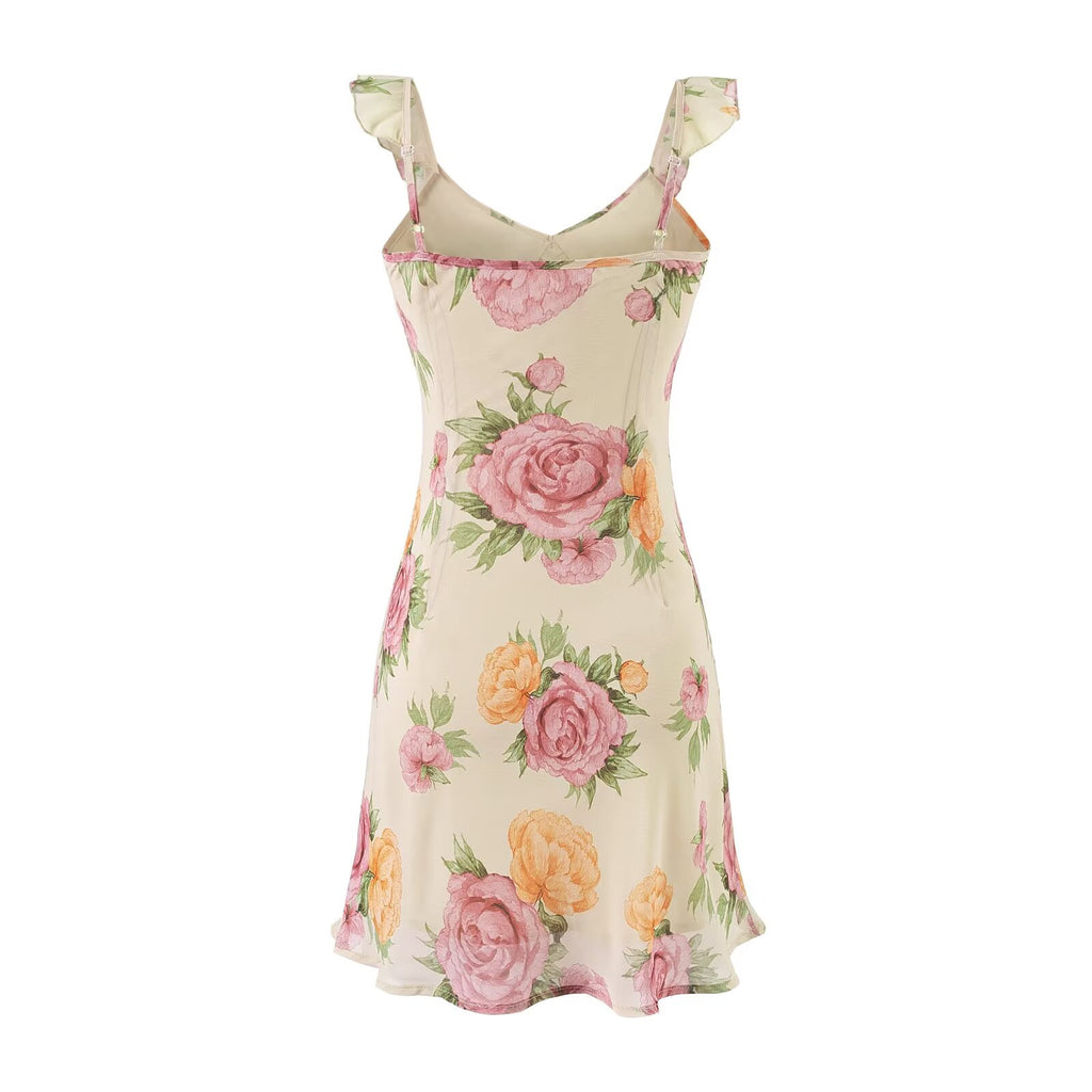 Women's Sweet Printed Chic Ruffled Spaghetti Straps Dress V Neck Sexy Backless Mini Dress