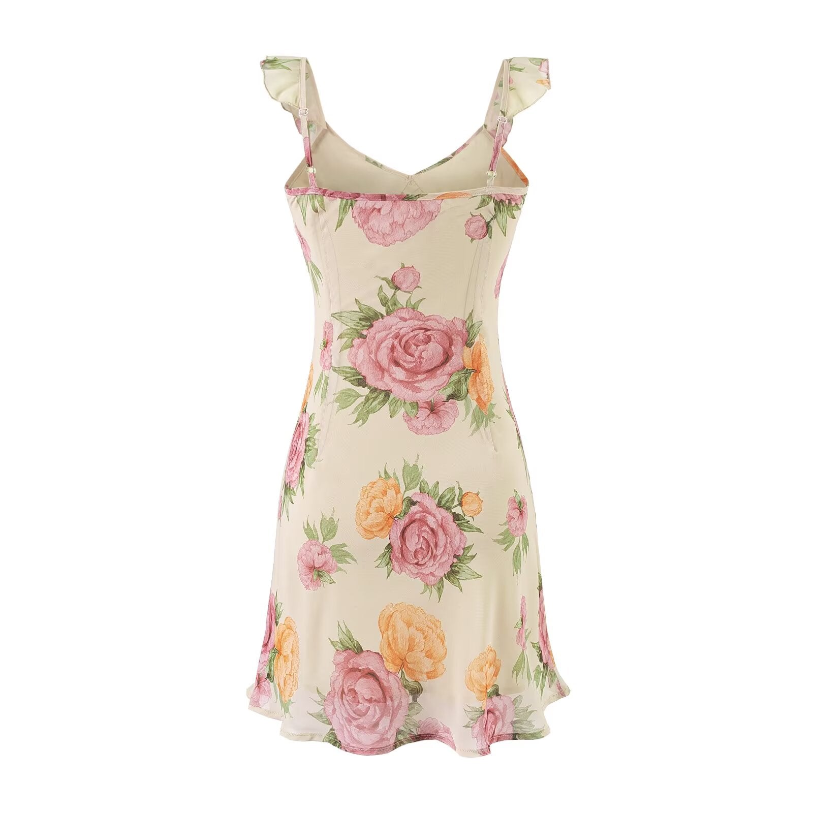 Women's Sweet Printed Chic Ruffled Spaghetti Straps Dress V Neck Sexy Backless Mini Dress