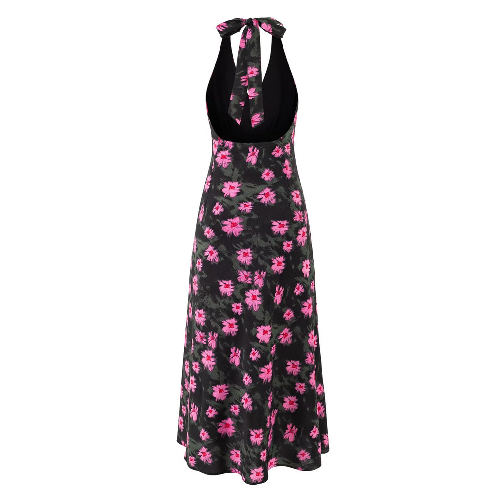 Women's Floral Backless Halter Midi Dress