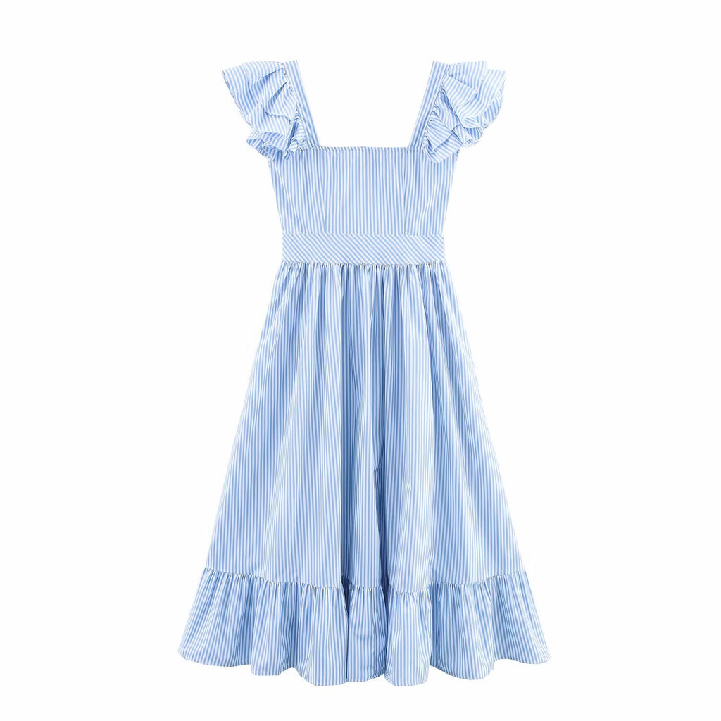 Autumn Three Color Single Breasted Striped Ruffled Waist Dress
