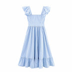 Autumn Three Color Single Breasted Striped Ruffled Waist Dress