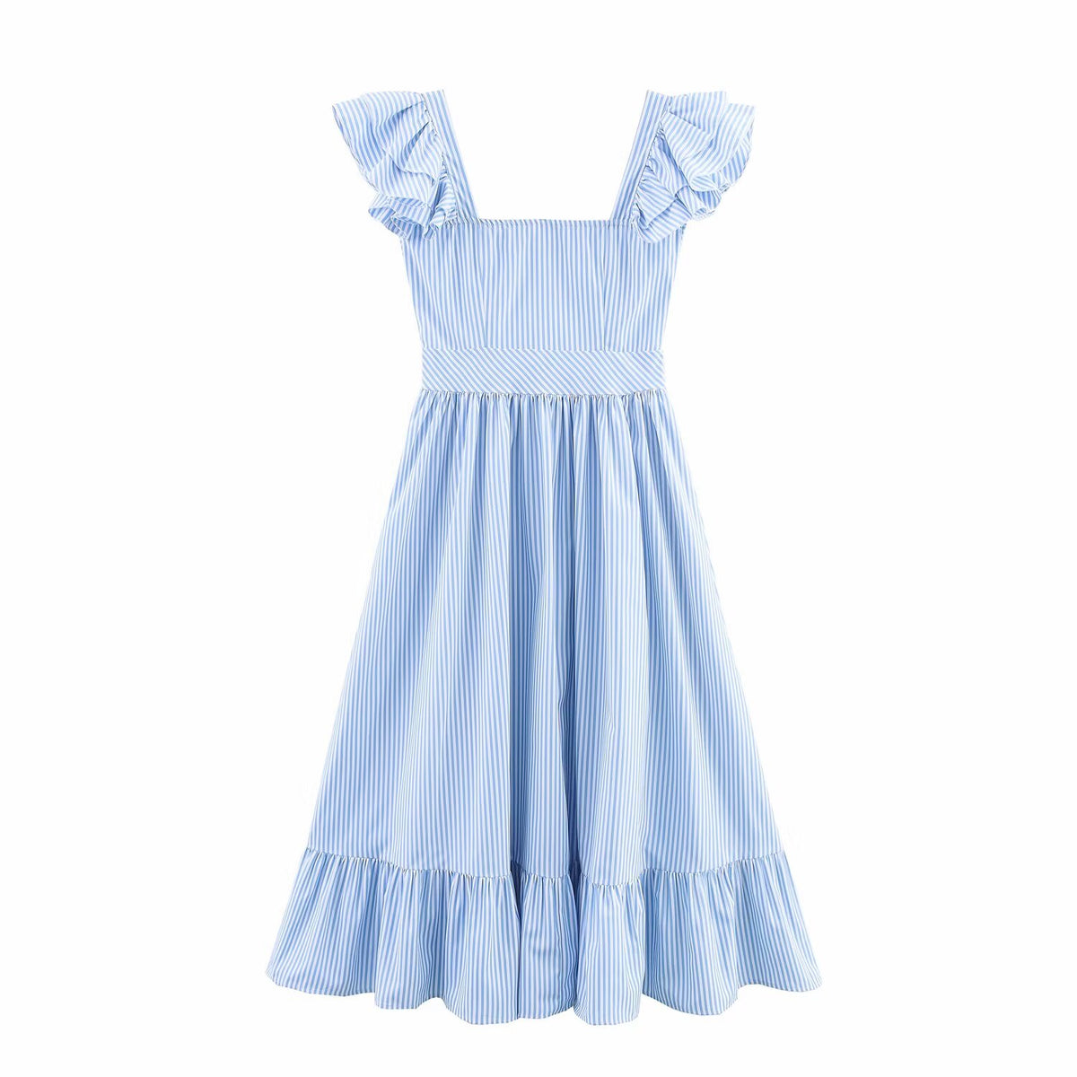 Autumn Three Color Single Breasted Striped Ruffled Waist Dress