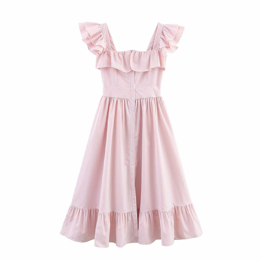 Autumn Three Color Single Breasted Striped Ruffled Waist Dress