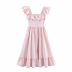 Autumn Three Color Single Breasted Striped Ruffled Waist Dress