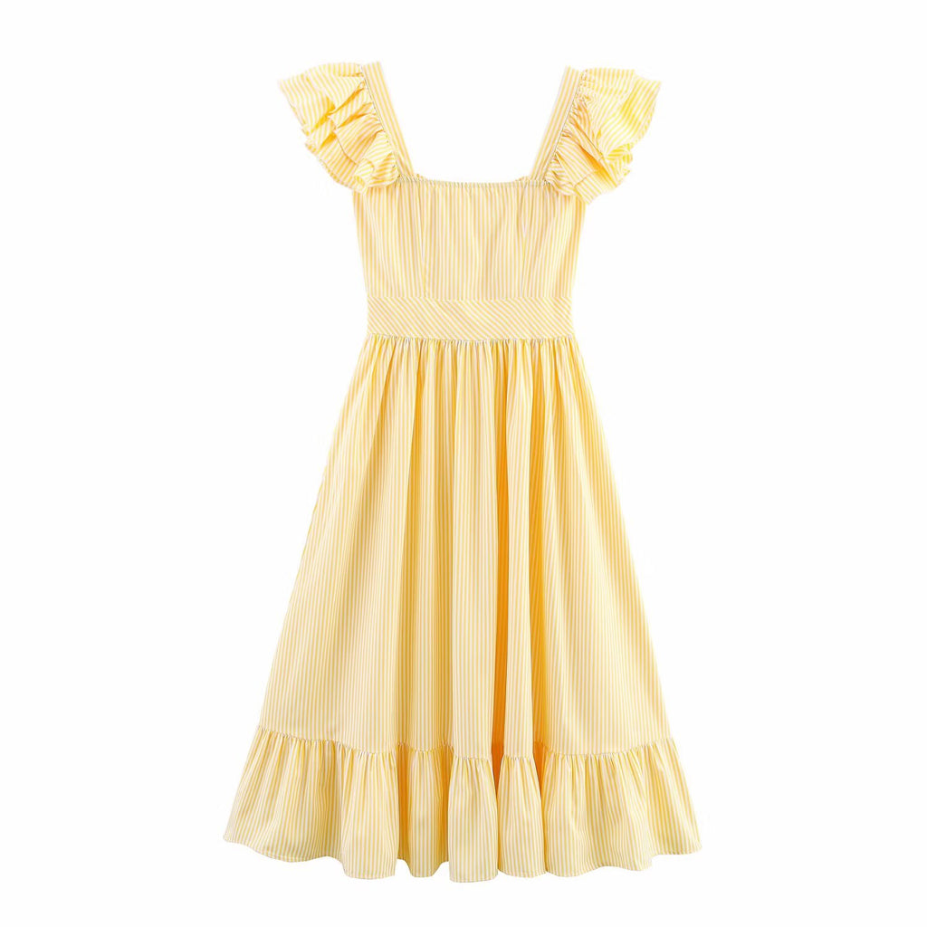 Autumn Three Color Single Breasted Striped Ruffled Waist Dress