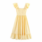 Autumn Three Color Single Breasted Striped Ruffled Waist Dress