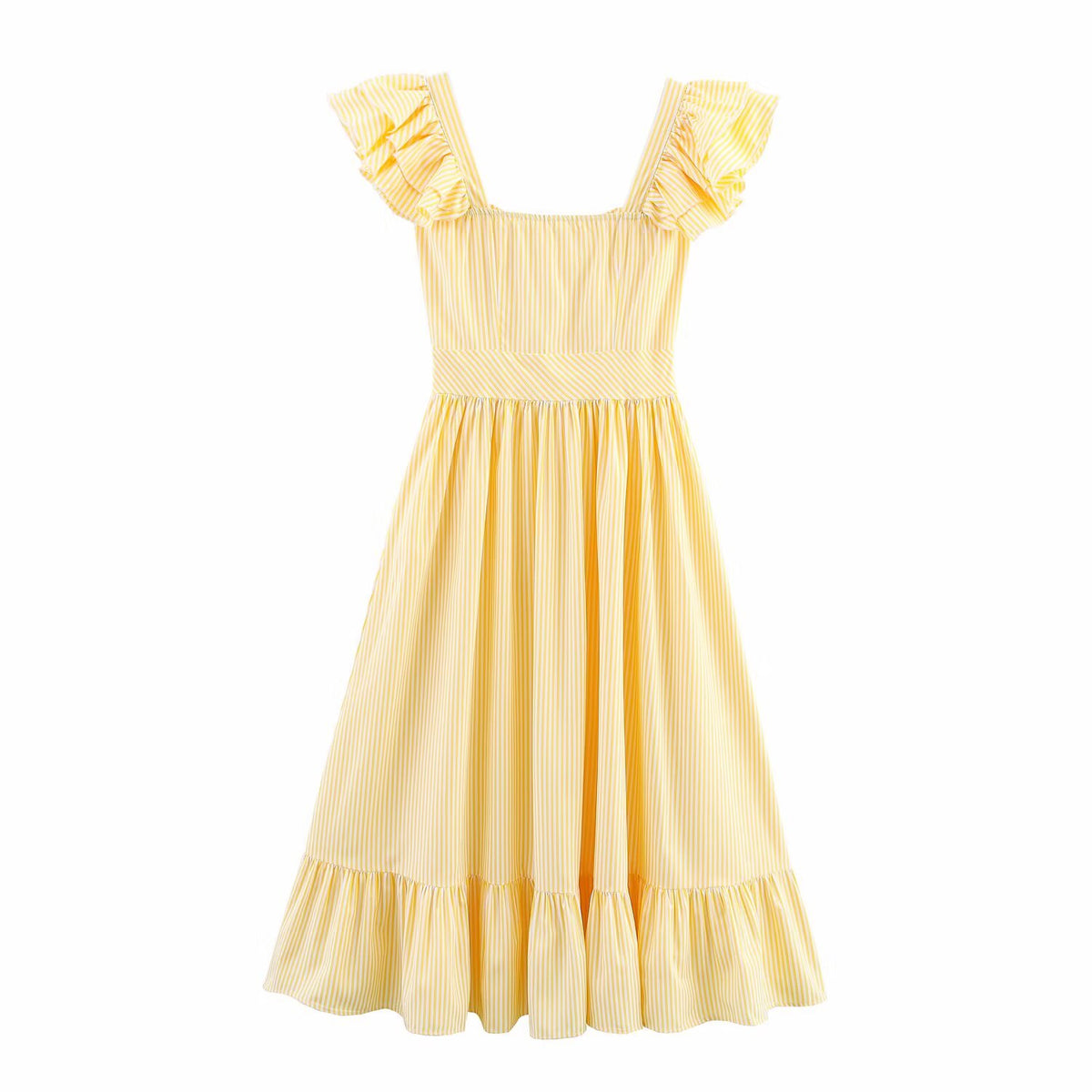 Autumn Three Color Single Breasted Striped Ruffled Waist Dress