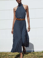 Women's with Belt Polka Dot Hanging Collar Midi Dress