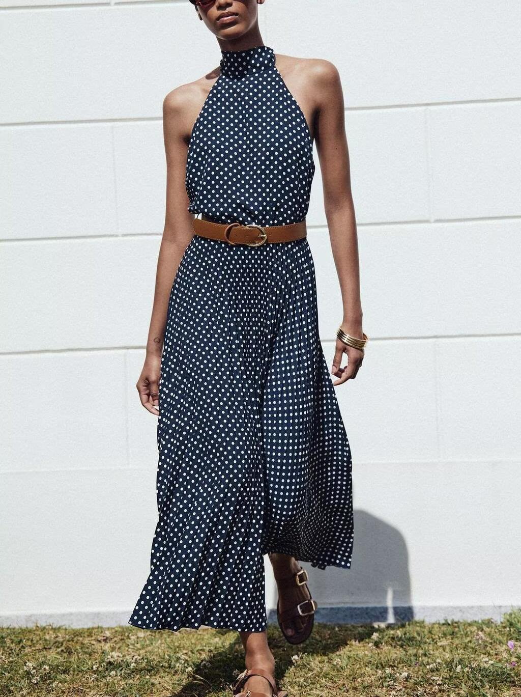 Women's with Belt Polka Dot Hanging Collar Midi Dress
