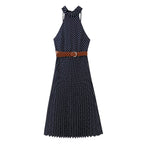 Women's with Belt Polka Dot Hanging Collar Midi Dress