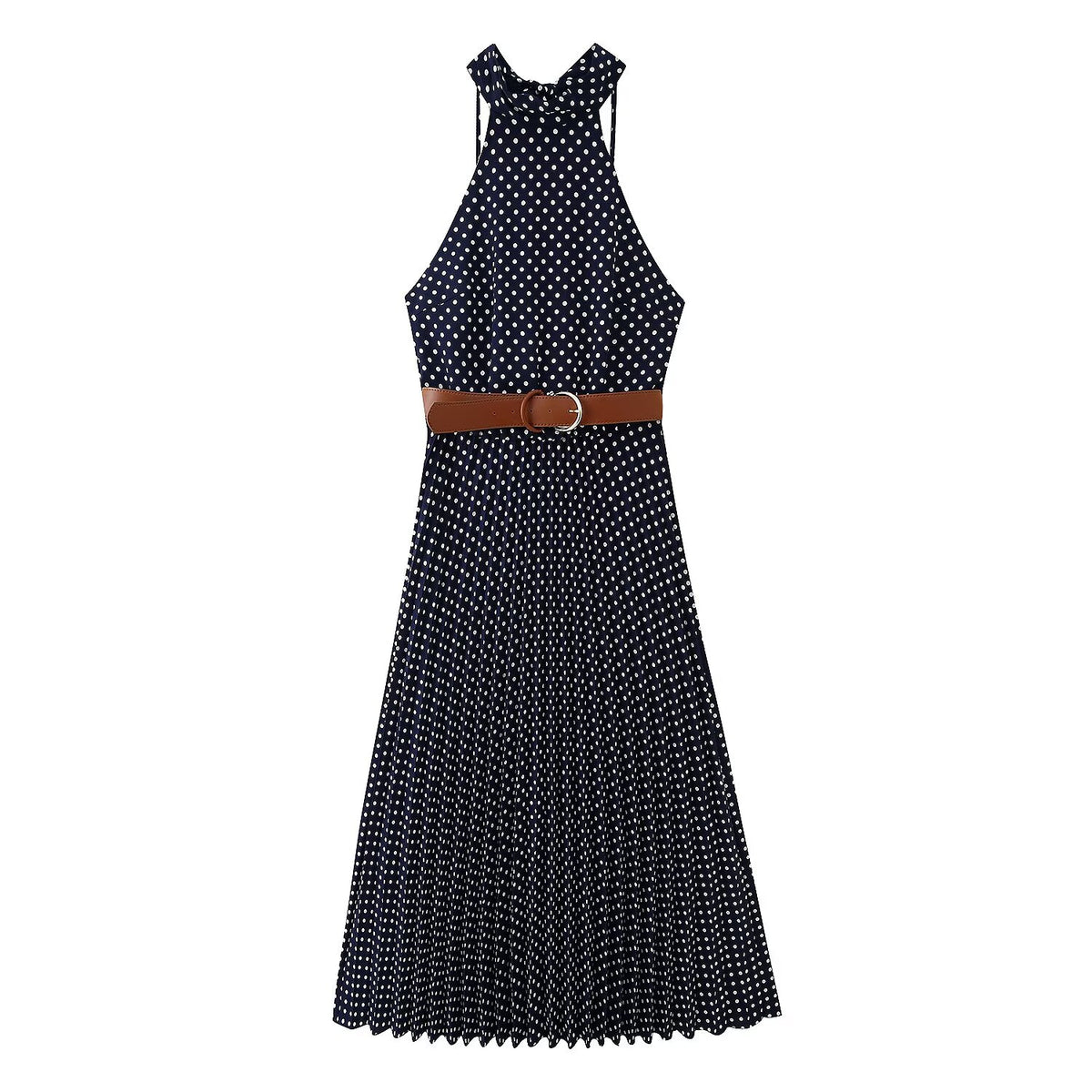 Women's with Belt Polka Dot Hanging Collar Midi Dress