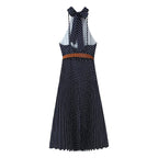 Women's with Belt Polka Dot Hanging Collar Midi Dress