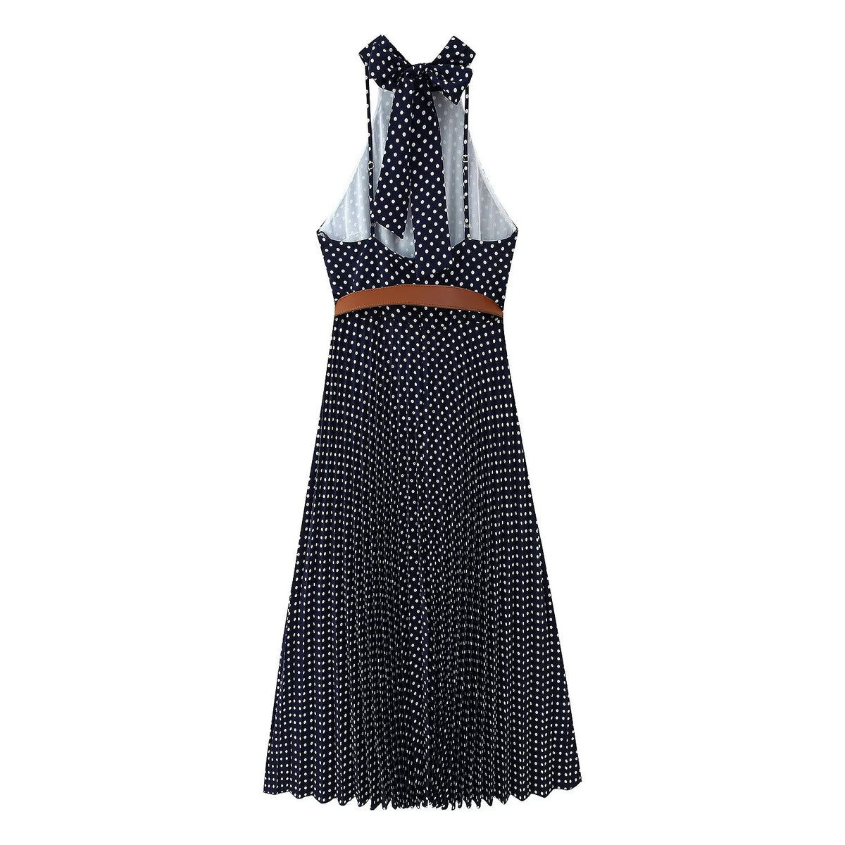 Women's with Belt Polka Dot Hanging Collar Midi Dress