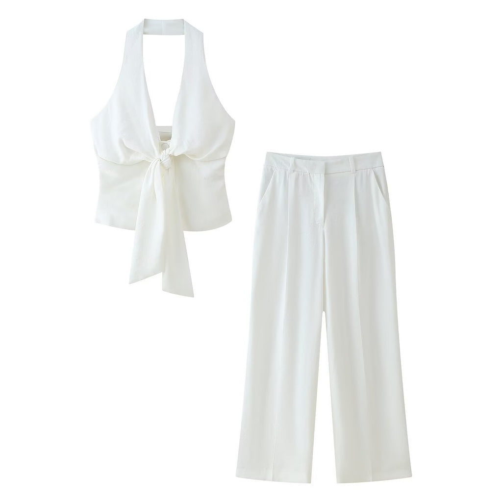Women's Bow Tie Hanging Collar Vest Pleated Wide Leg Pants Sets